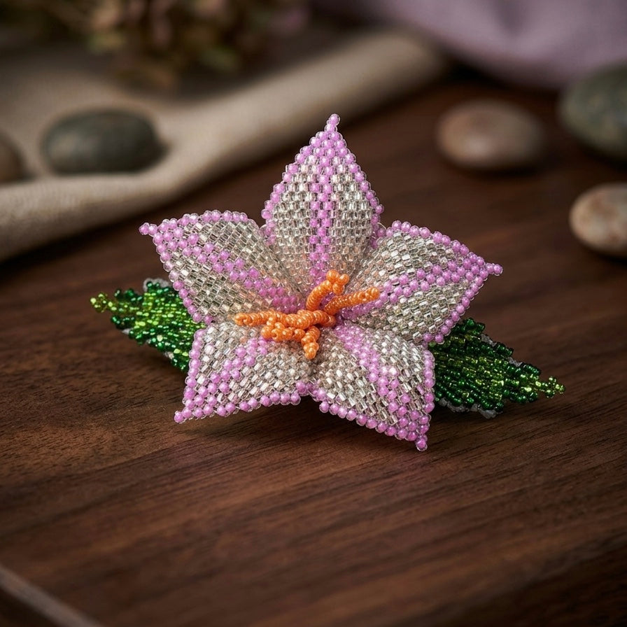 Pink  Ember Bloom Beaded Hair Barrette