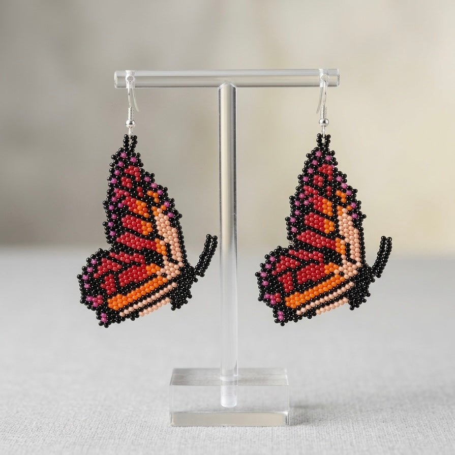 Pink Beaded Butterfly Wing Earrings